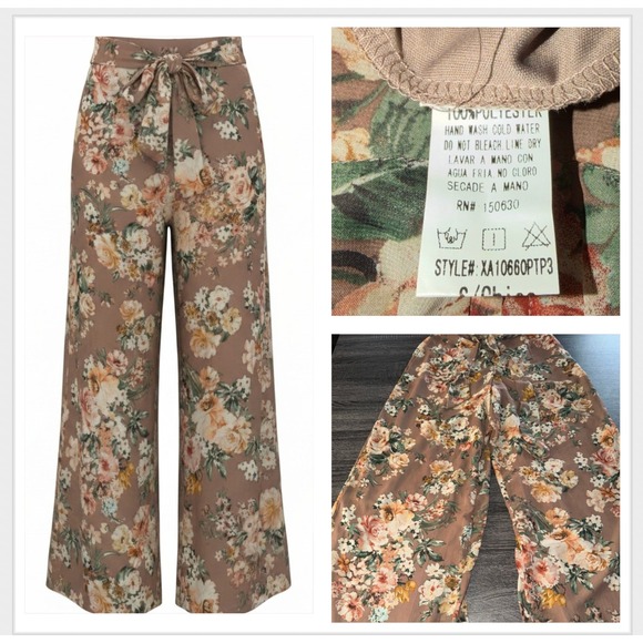 Windsor Pants - Windsor Floral Wide Leg Pants Mauve Brown High Waisted Boho Chiffon Small